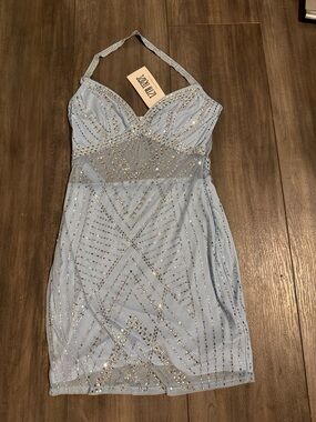 12th tribe Light Blue Beaded Halter Mini Dress